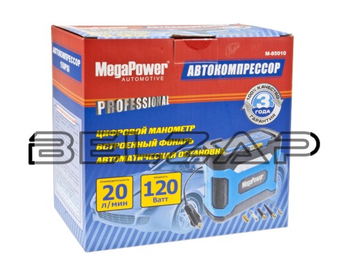 Приобрести Компрессор автомобильный 20л/мин. 10атм. 14А 12V в прикуриватель,LED подсветка, M-85010, MEGAPOWER-AUTOMOTIVE в  Онлайн-автомагазине Belzap.ru